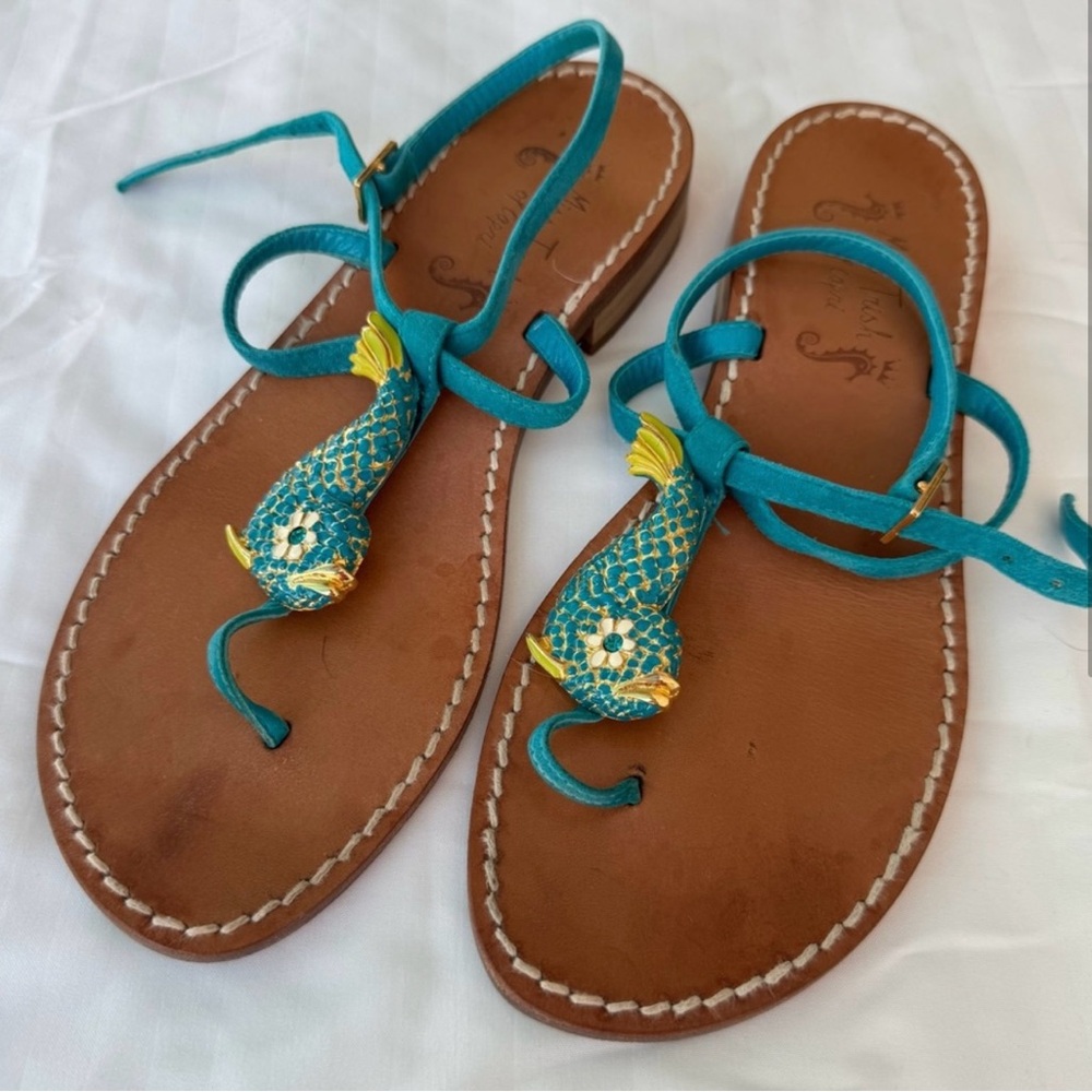 MISS TRISH OF CAPRI Blue T-Strap Sandals. Adjustable Ankle Straps.
Gently worn